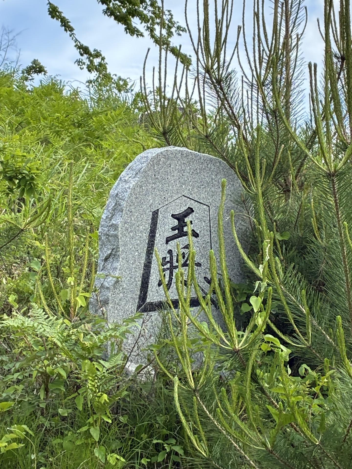 草むらの中に立つ石碑。将棋の駒の形が彫り込まれ、その中に大きく「玉」の一字が刻まれている