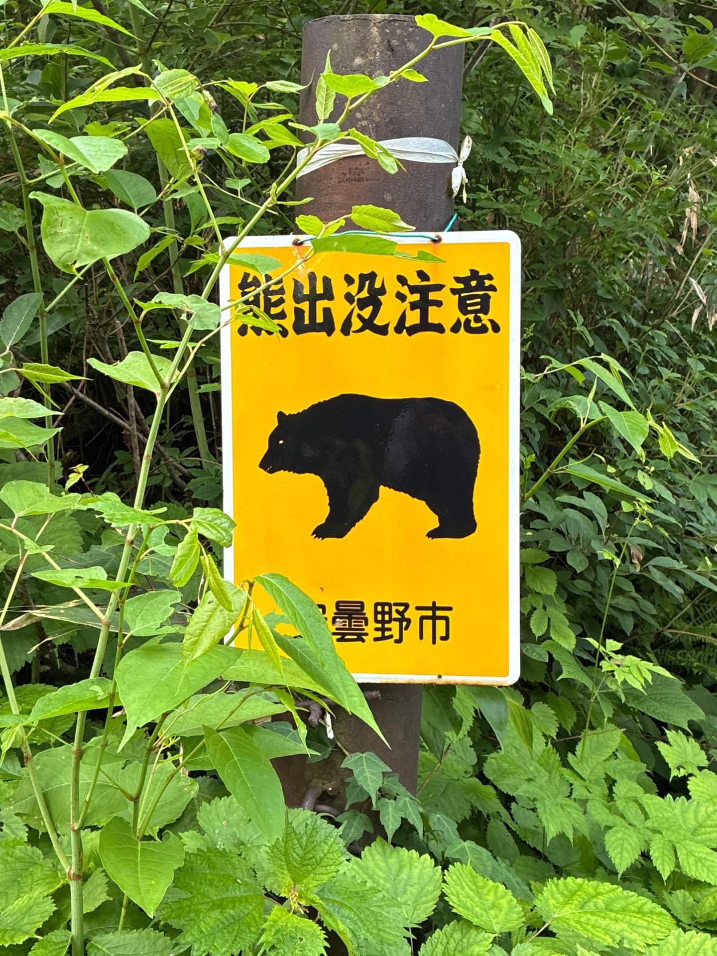 草むらの中に立つ黄色い「熊出没注意」の看板。クマのシルエットが描かれ、下に安曇野市と書かれている