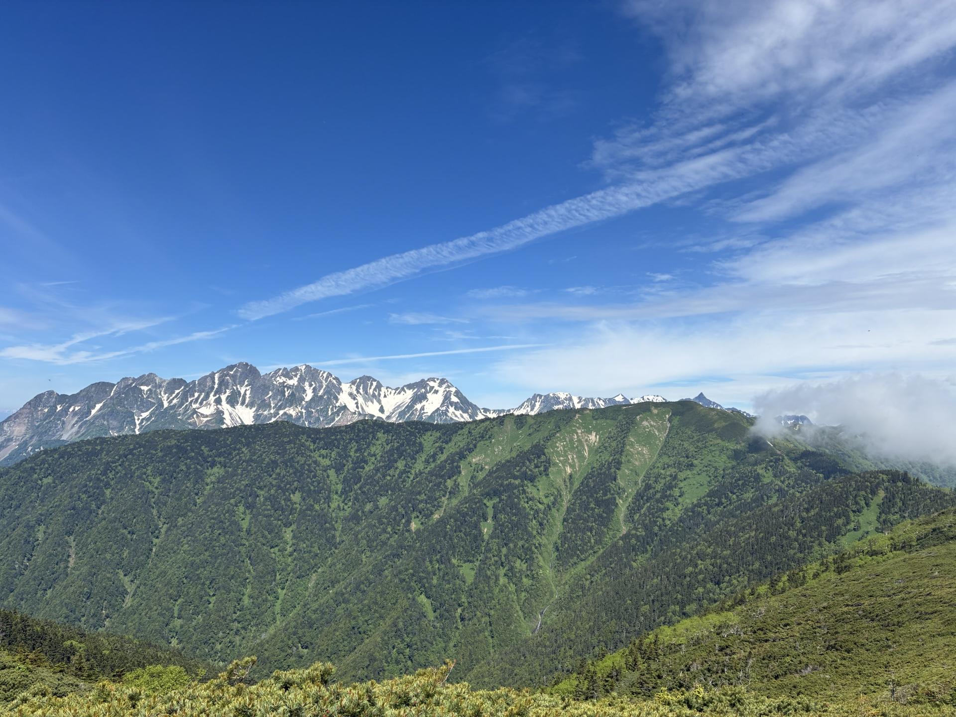 稜線から見た穂高連峰。緑の斜面の向こうに、残雪をまとった岩の峰々が横一列に連なり、青空が広がっている