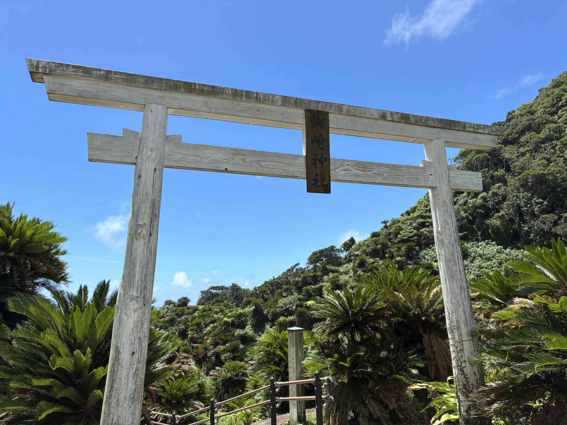 白い石造りの鳥居を見上げた構図。鳥居の向こうにソテツの群生と青空が広がっている