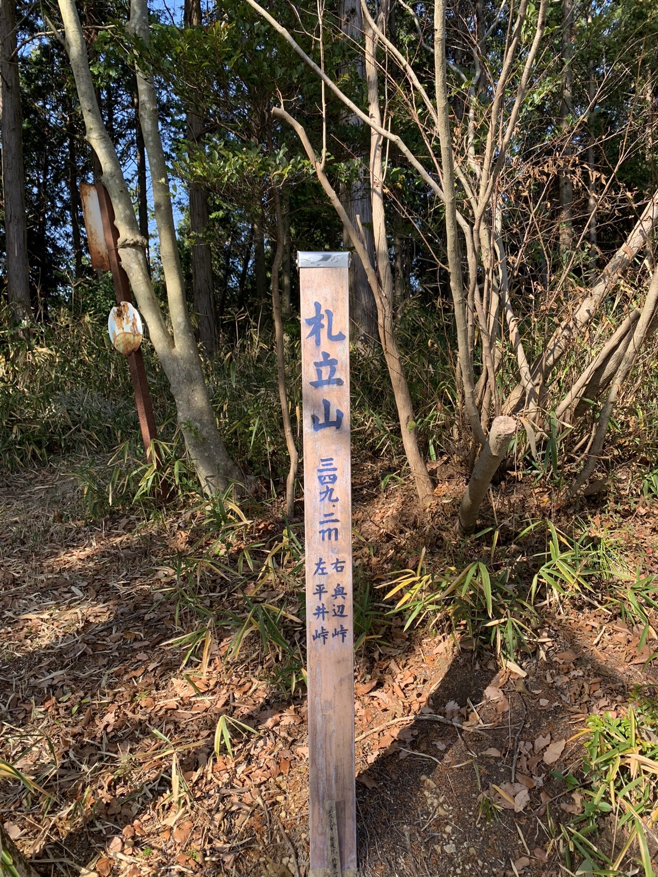 林の中に立つ木の標柱。「札立山」と書かれている