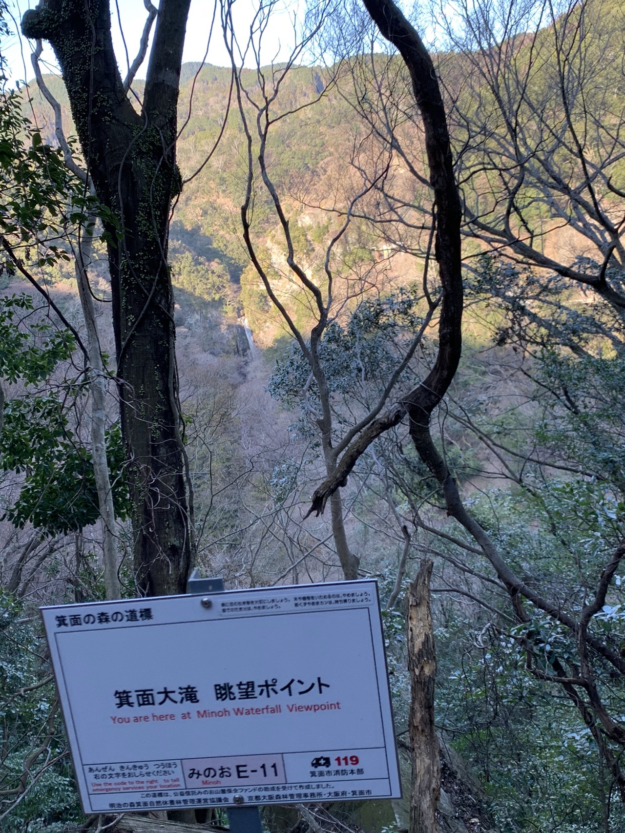 谷を見下ろす場所に立つ白い標識。「箕面大滝 眺望ポイント」「みのお E-11」と書かれている