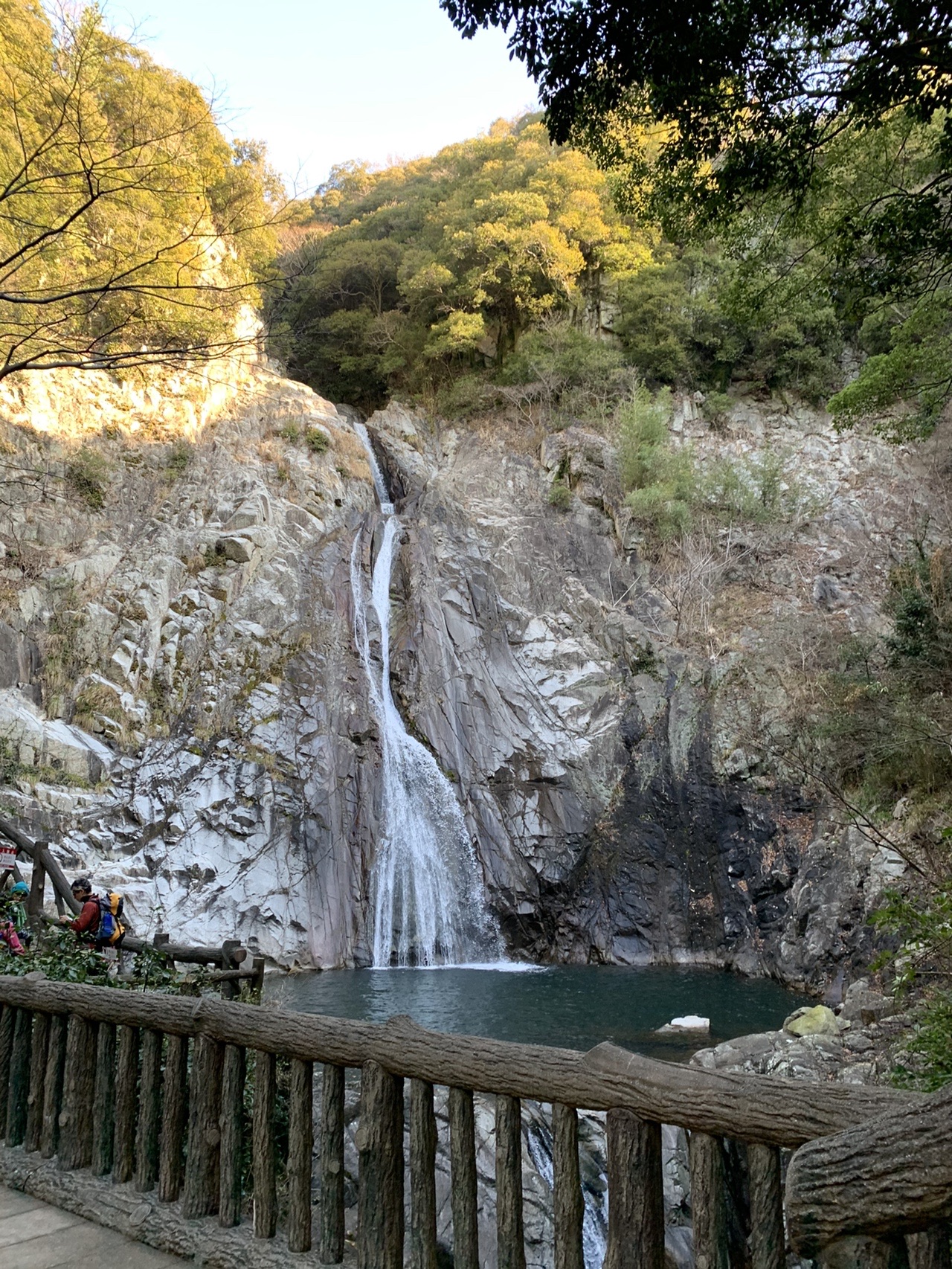 岩壁を白く流れ落ちる大きな滝。手前に木製の柵のある展望場所があり、滝壺が緑色に見える