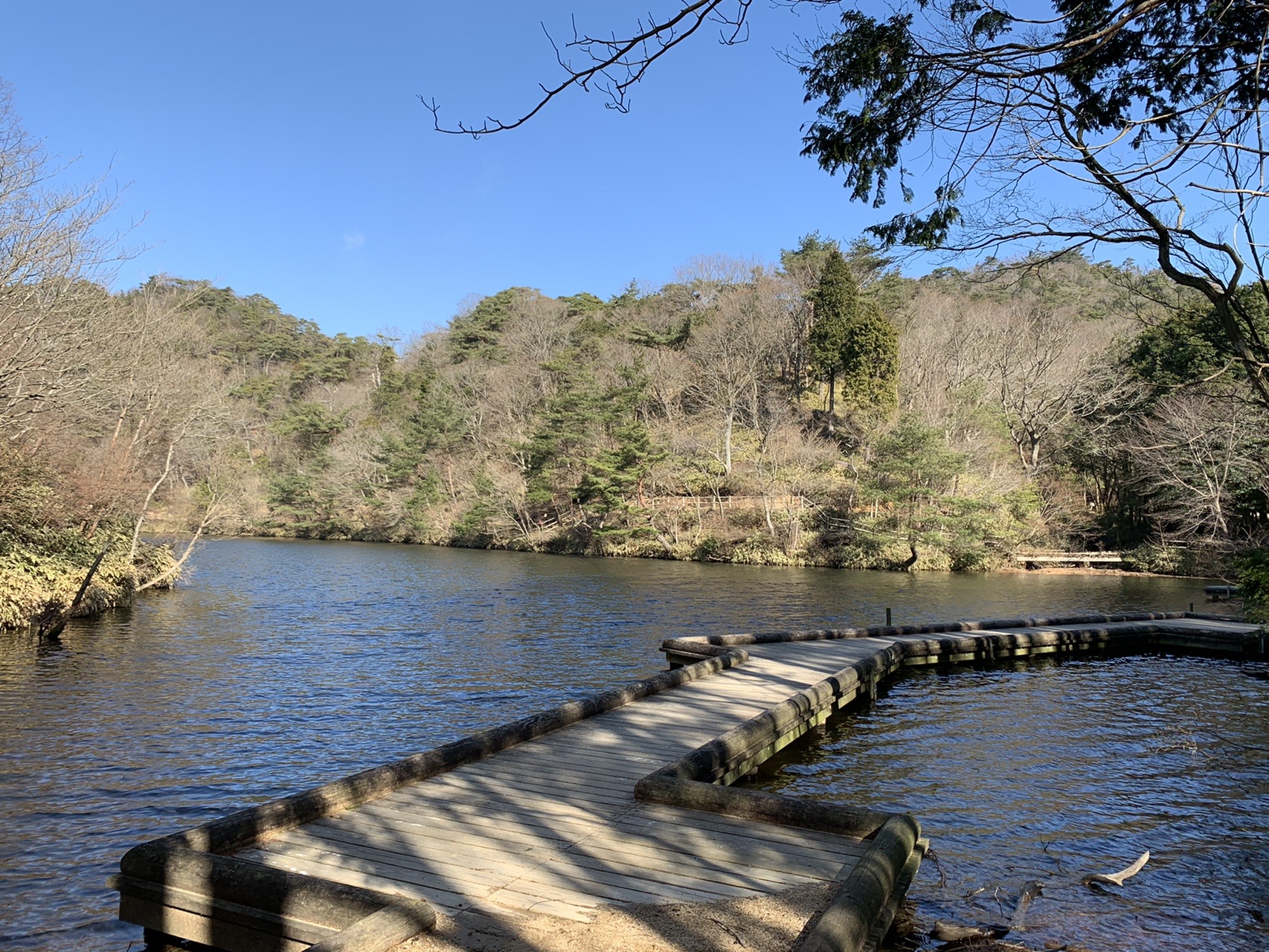 山の中の静かな湖。水面に対岸の木々が映り、手前にコンクリートの堰堤の上を歩ける道が伸びている