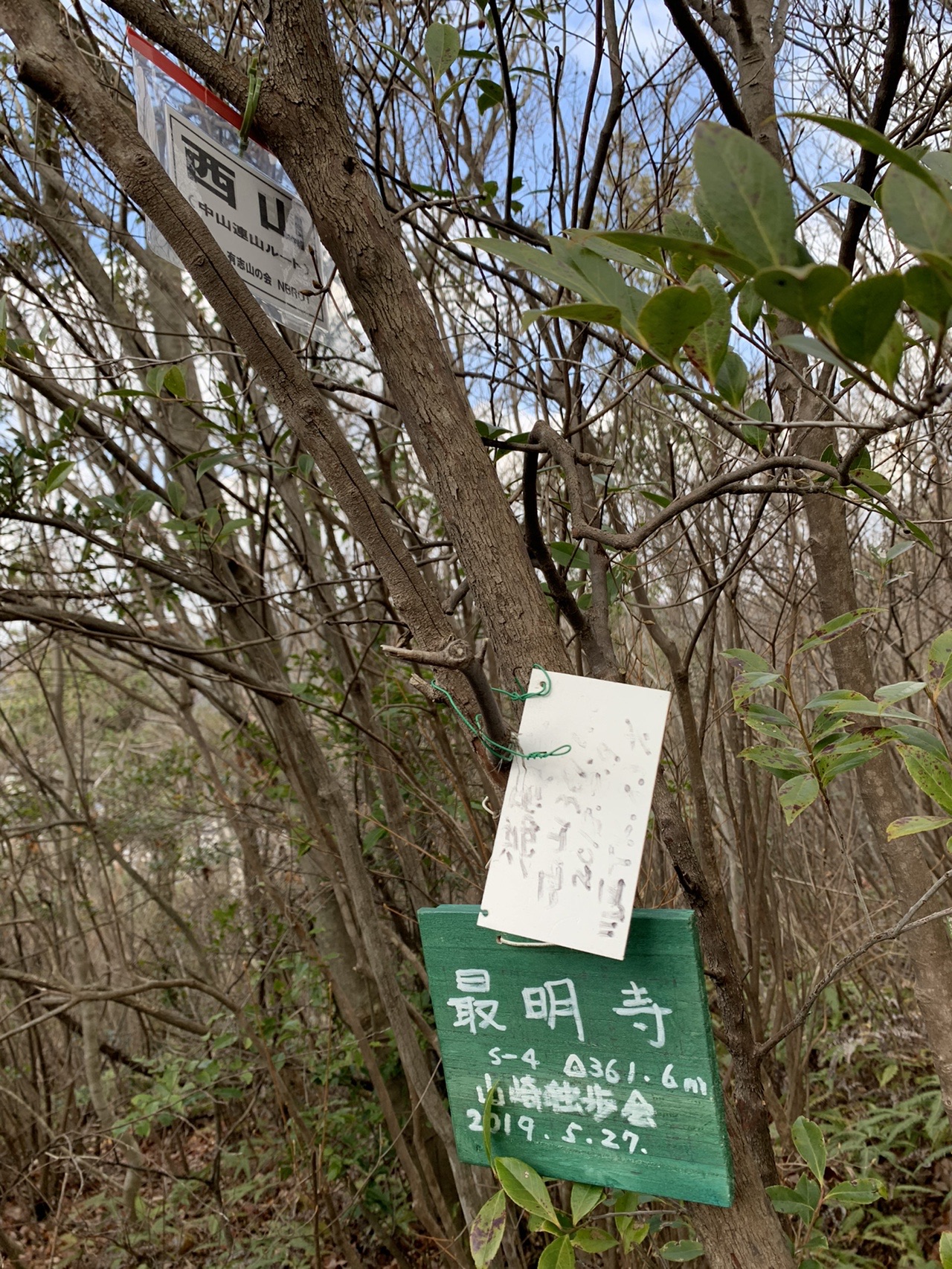 木の枝にくくりつけられた緑色の小さな板。「最明寺 S-4 三角点361.6m 山崎縦歩会 2019.5.27」と書かれている