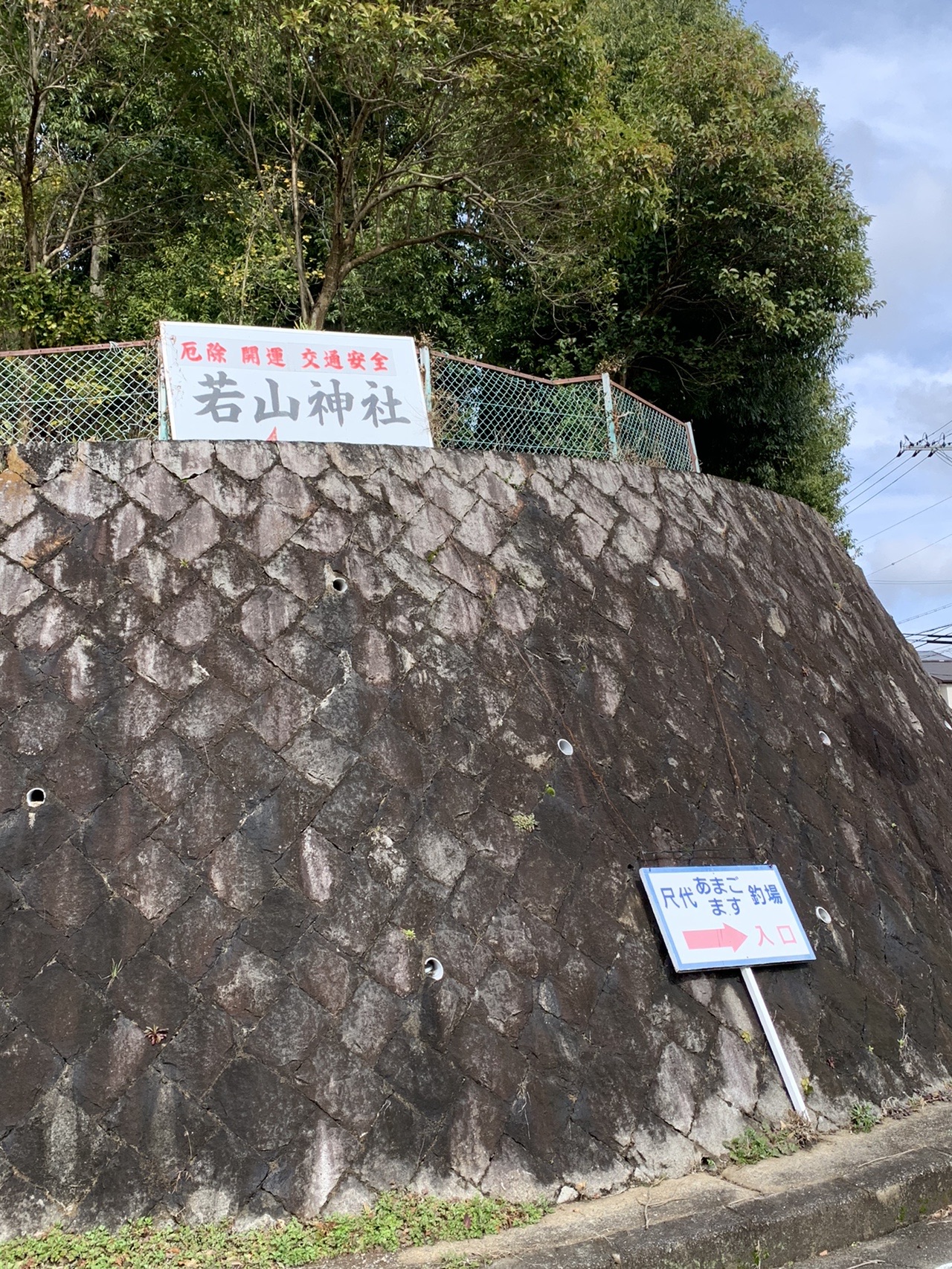 石垣の上に濃い緑の木がこんもりと茂っている。手前に「若山神社」と書かれた看板