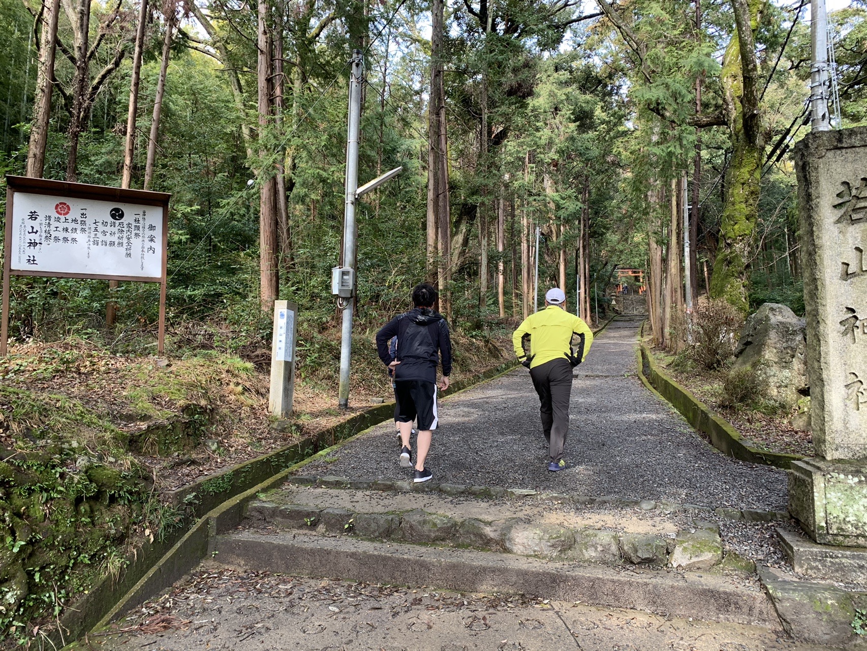 杉林の中の登り坂を走っていく2人の後ろ姿。奥に赤い鳥居が見える