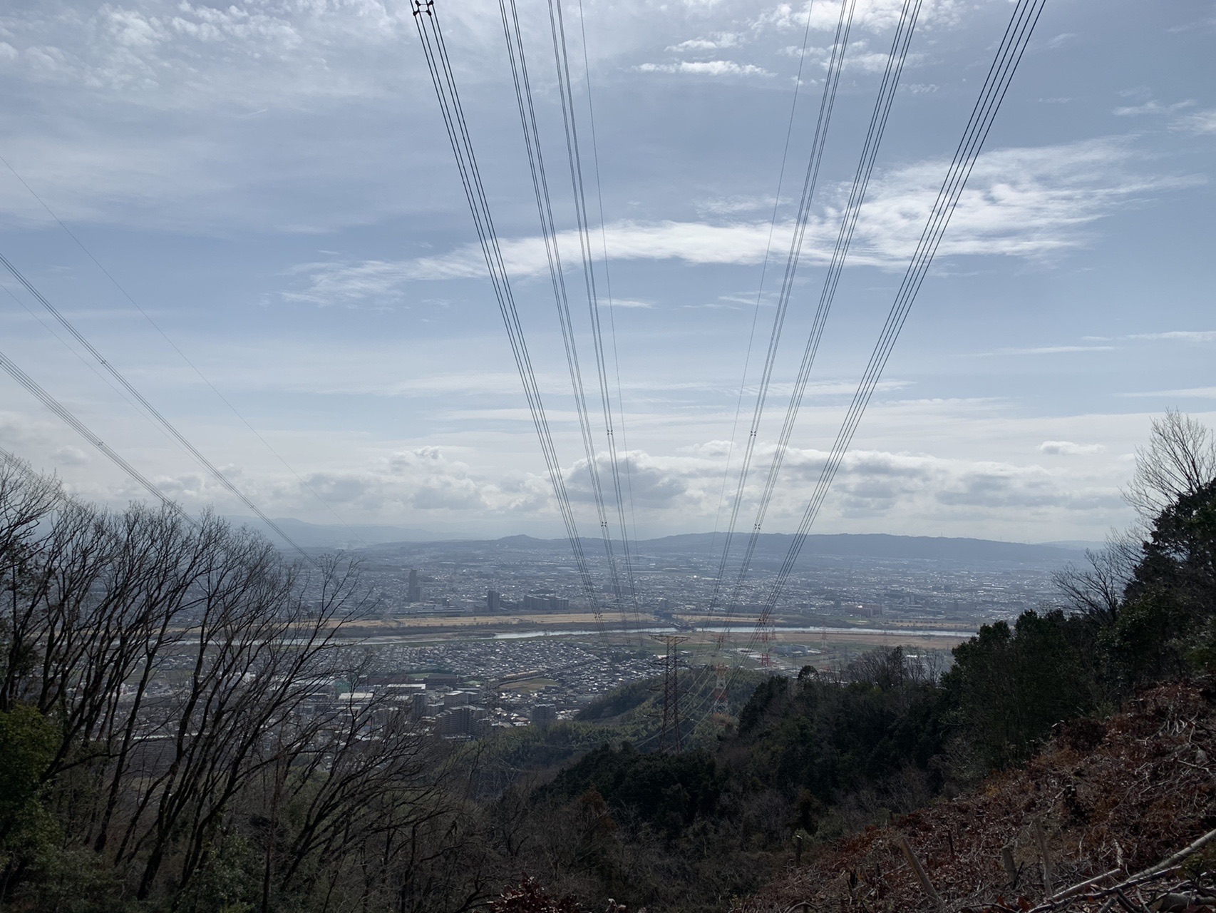 若山山頂付近から見下ろす高槻方面。送電線が空を横切り、遠くまで街が広がっている