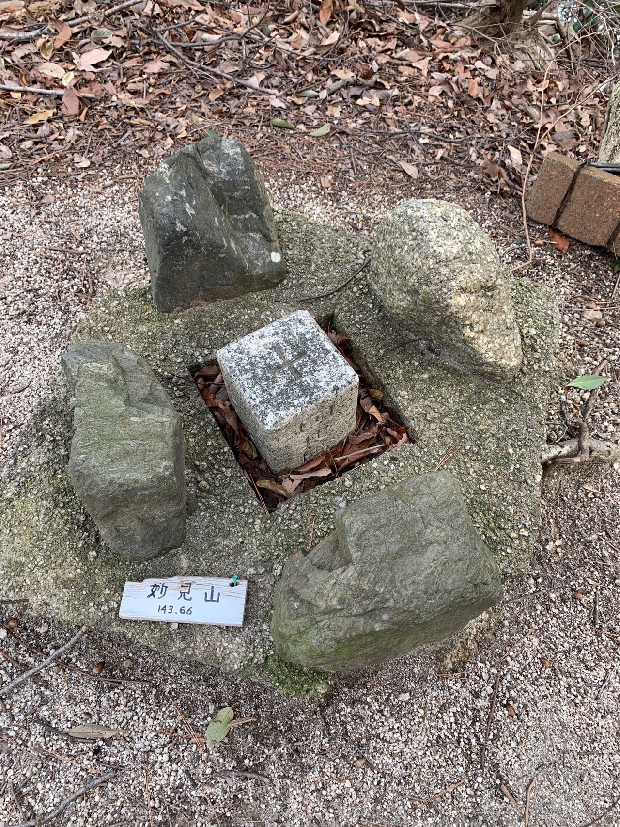 岩の上に置かれた「妙見山」の小さな山名板。まわりは岩と落ち葉