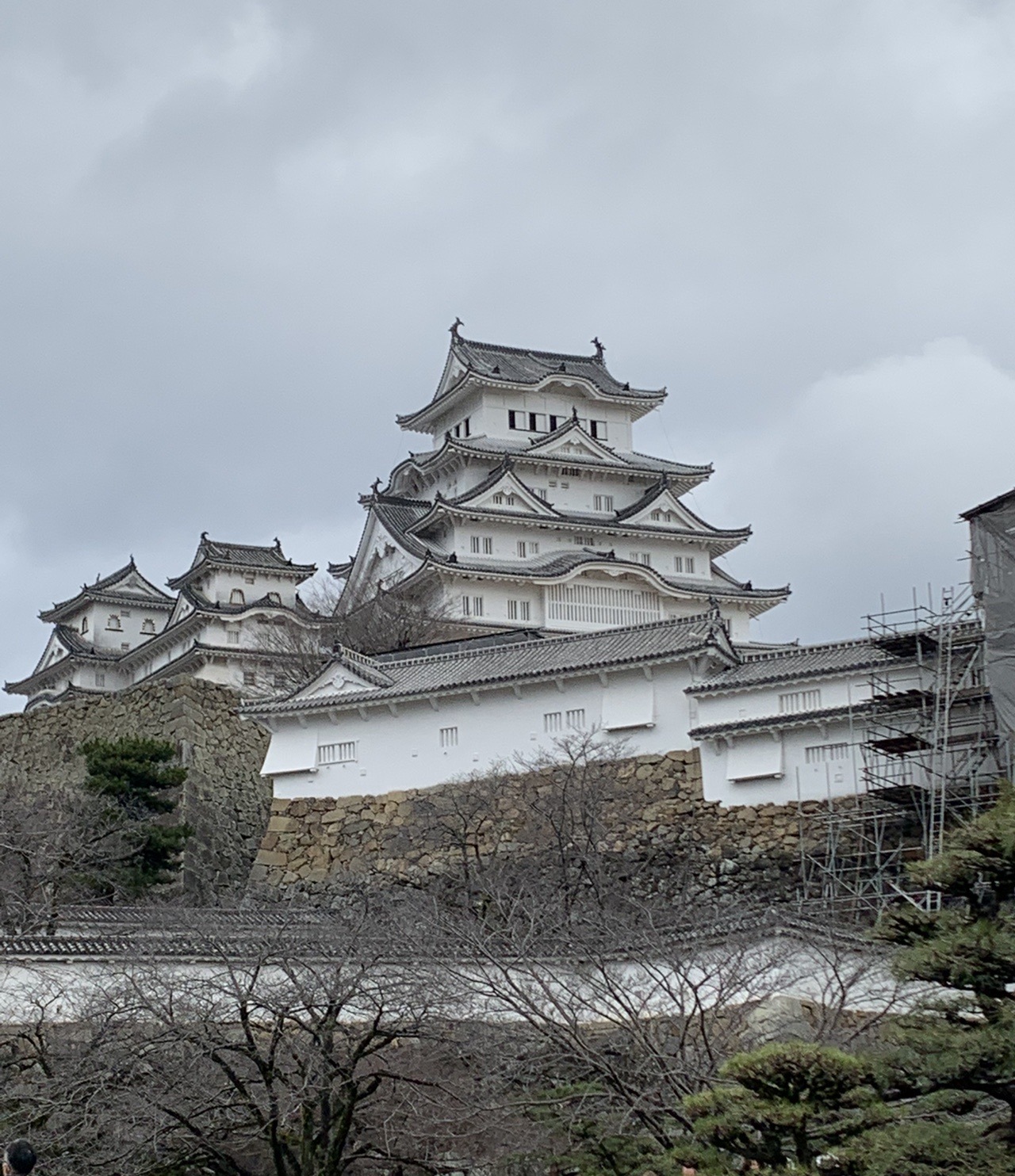 曇り空の下に立つ姫路城の大天守。白い漆喰の壁が石垣の上に重なって見える