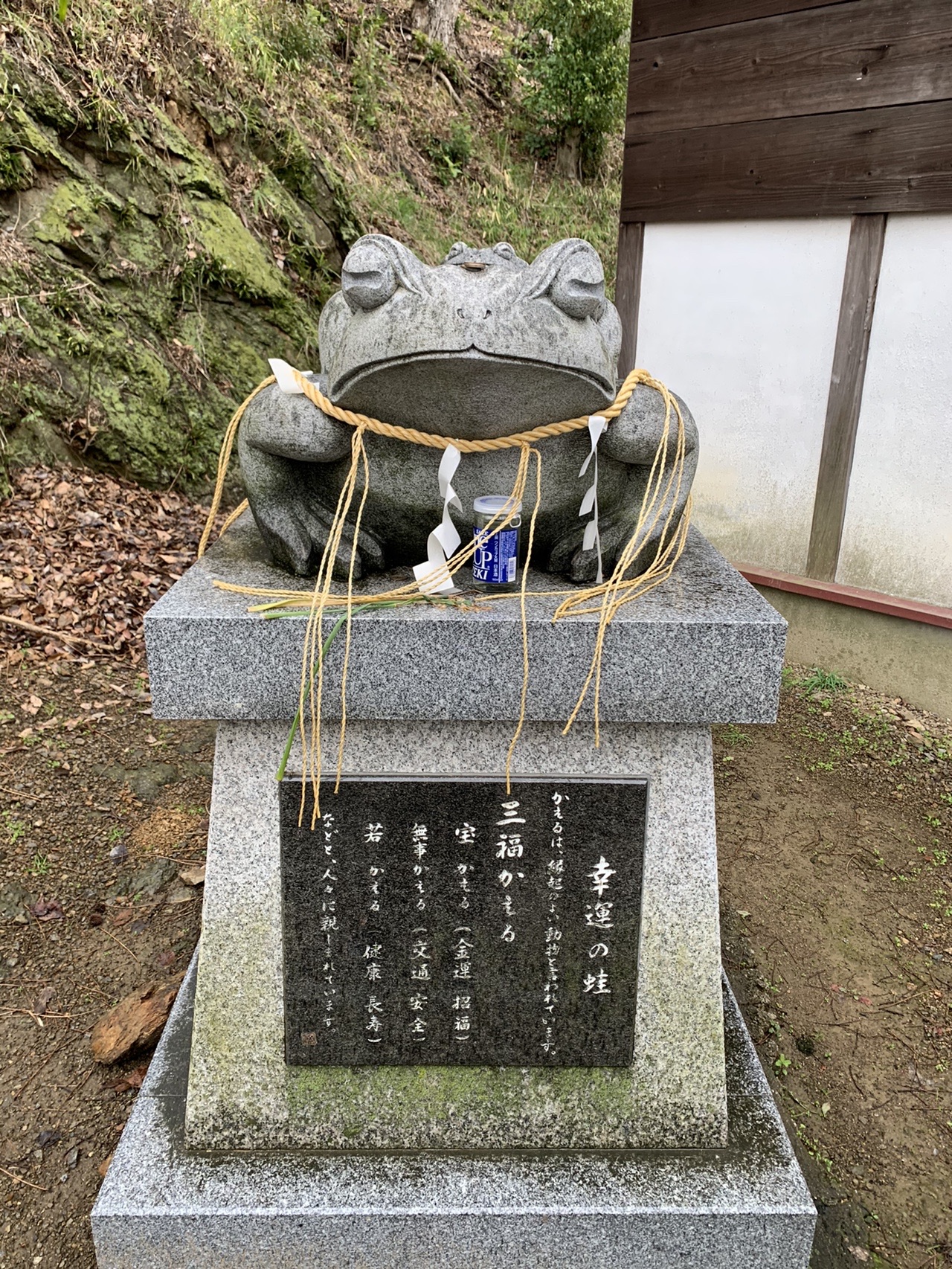 石の台の上に載った蛙の石像。輪をくぐるように置かれている