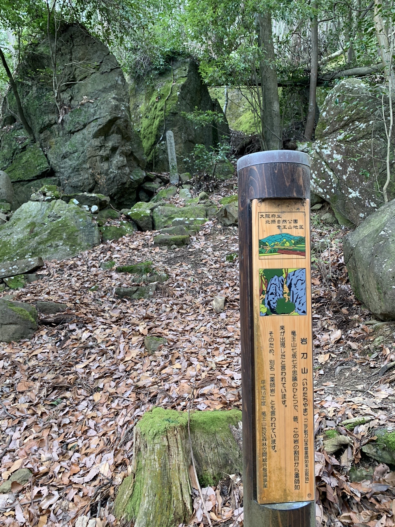 岩場の前に立つ木の説明柱。奥に大きな岩が積み重なっている