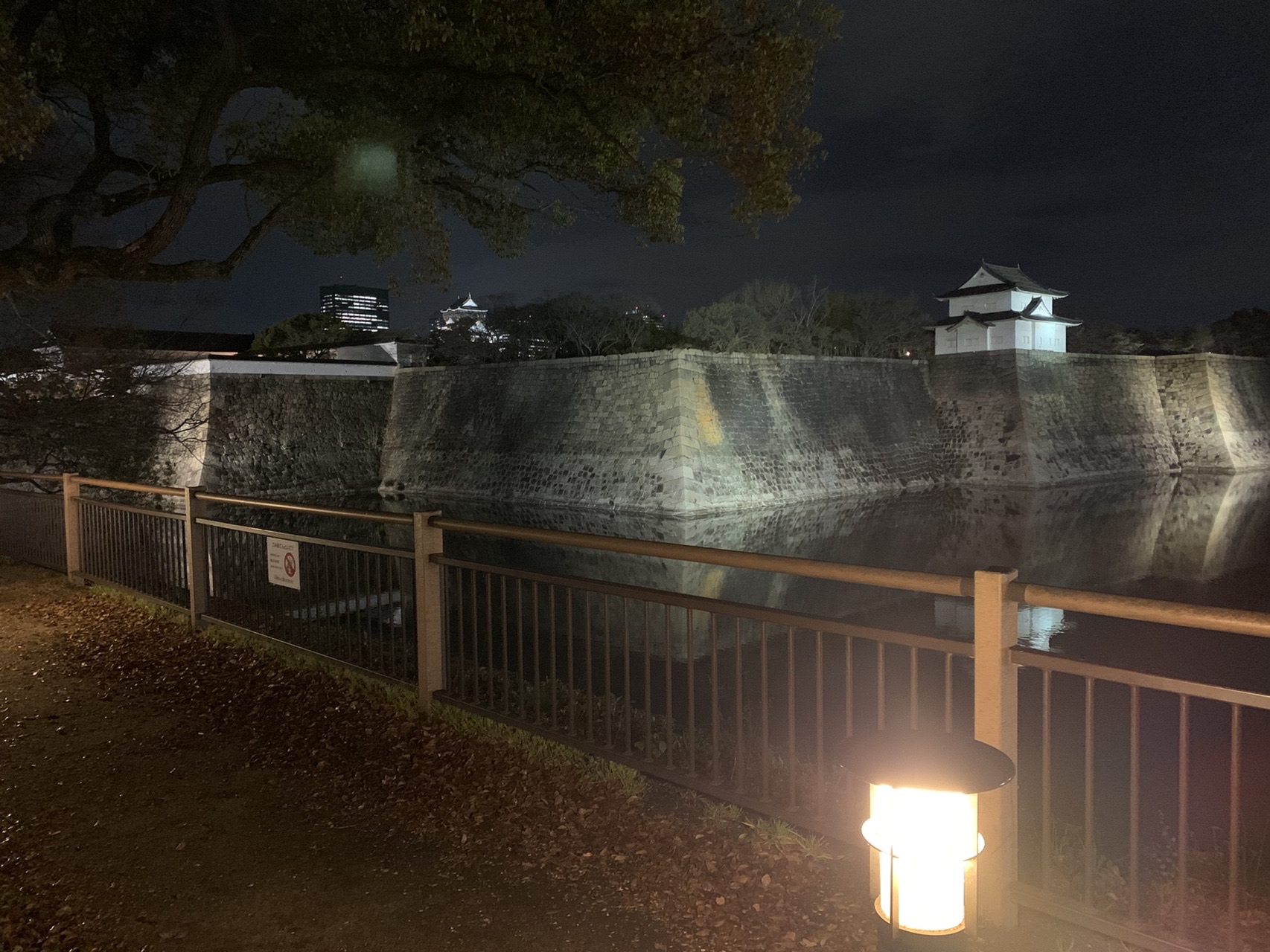 夜の大阪城。堀の向こうに石垣が続き、その奥にライトアップされた天守閣が小さく見える