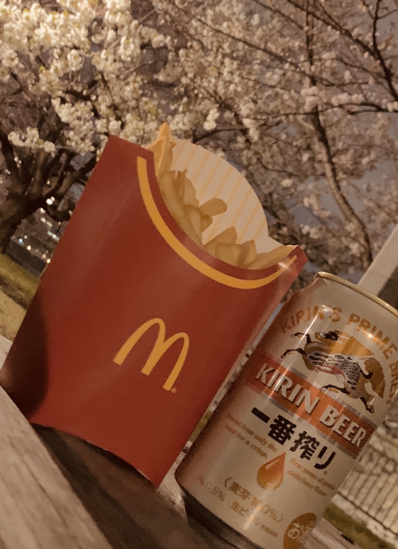 ベンチに置かれたマクドナルドのポテトの袋と、缶ビール