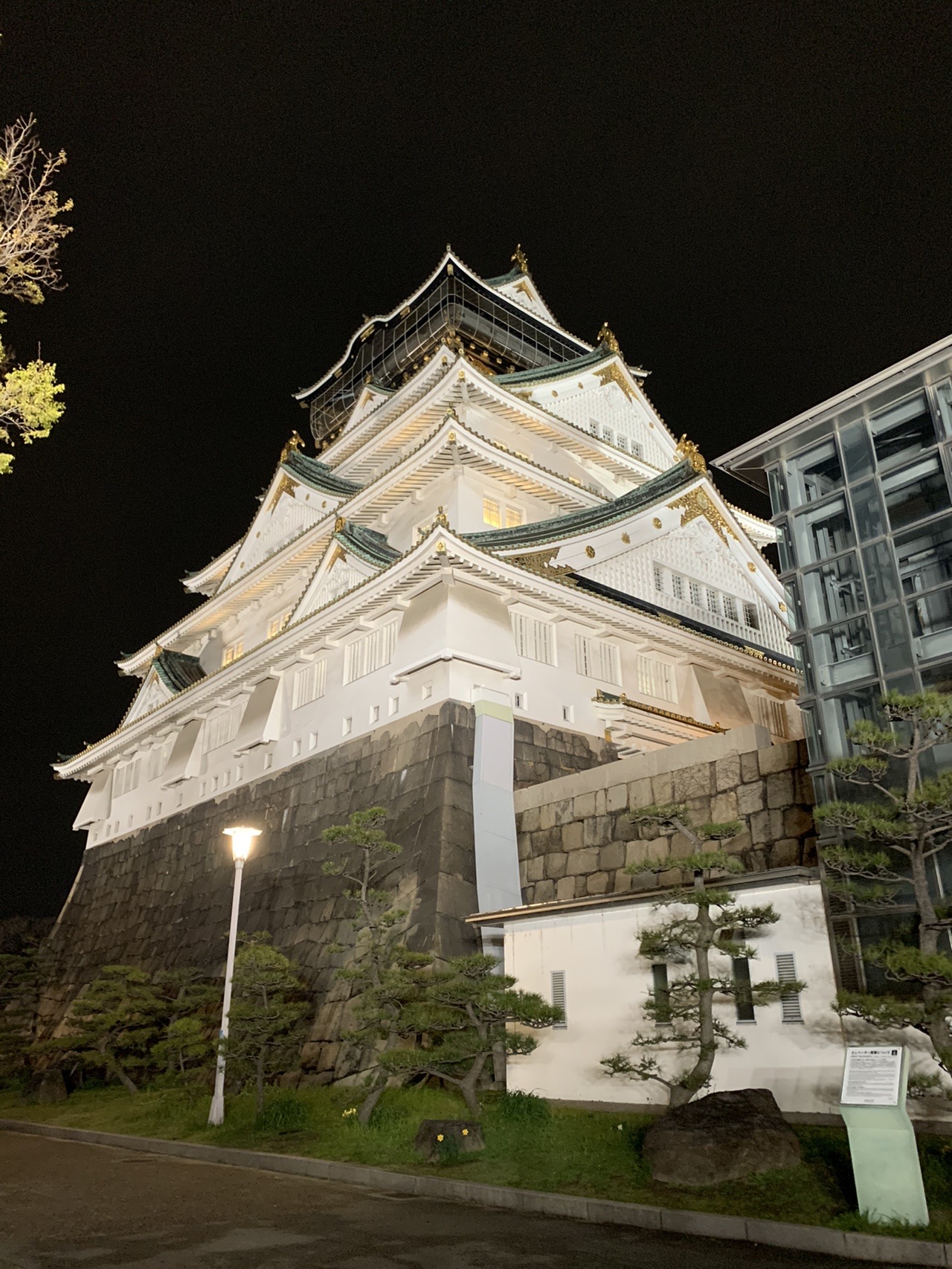 ライトアップされた大阪城天守閣。白い壁が夜空に浮かび上がっている