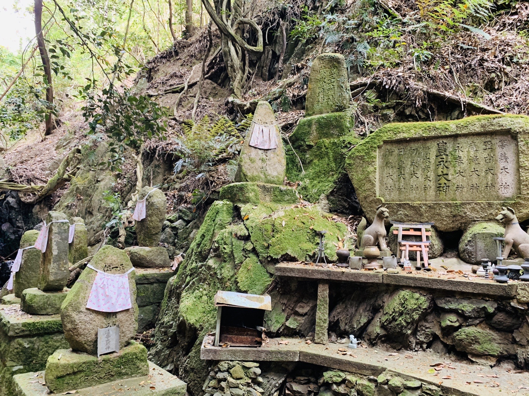 苔むした岩場に「大神」と刻まれた石碑が何本も並び、狐の像と小さな赤い鳥居が置かれている