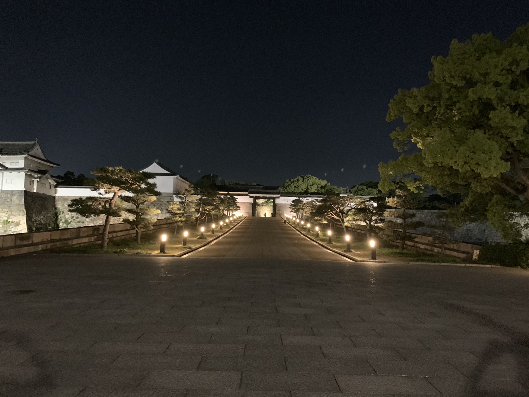 大阪城公園の石垣沿いの道が、両側の足元灯で照らされている夜景