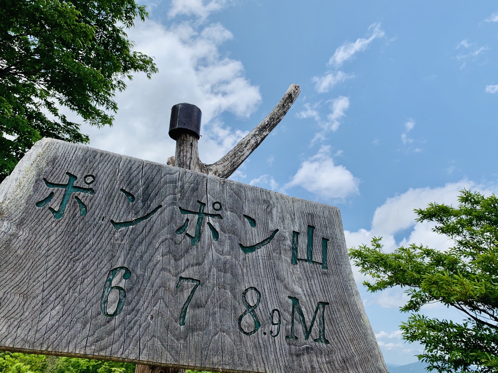 「ポンポン山 678.9M」と彫られた石の山頂標