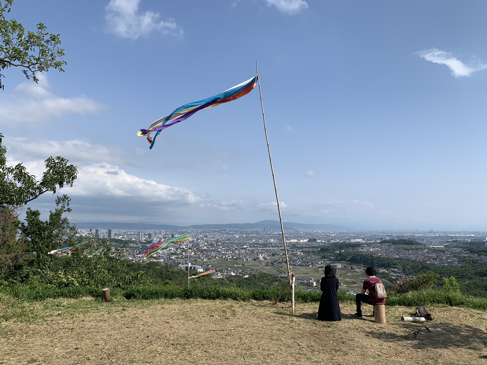 三好山の山頂の草地に、こいのぼりが風になびいている。奥に大阪平野が広がる