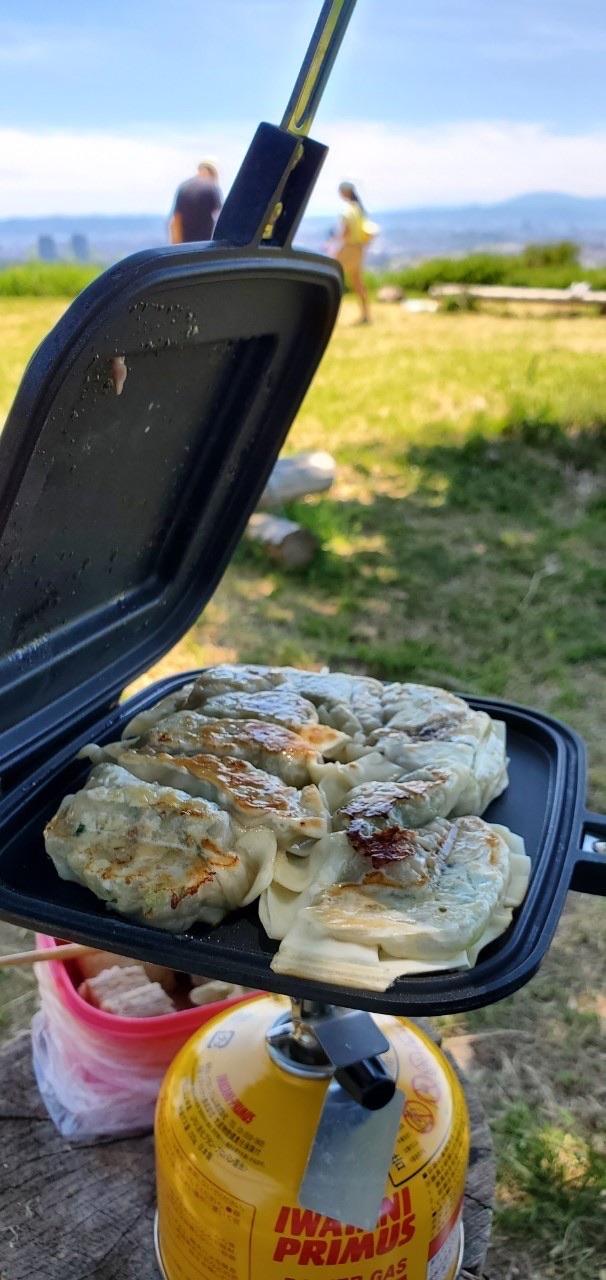 ホットサンドメーカーの中で焼き色のついた餃子。奥に景色が広がる