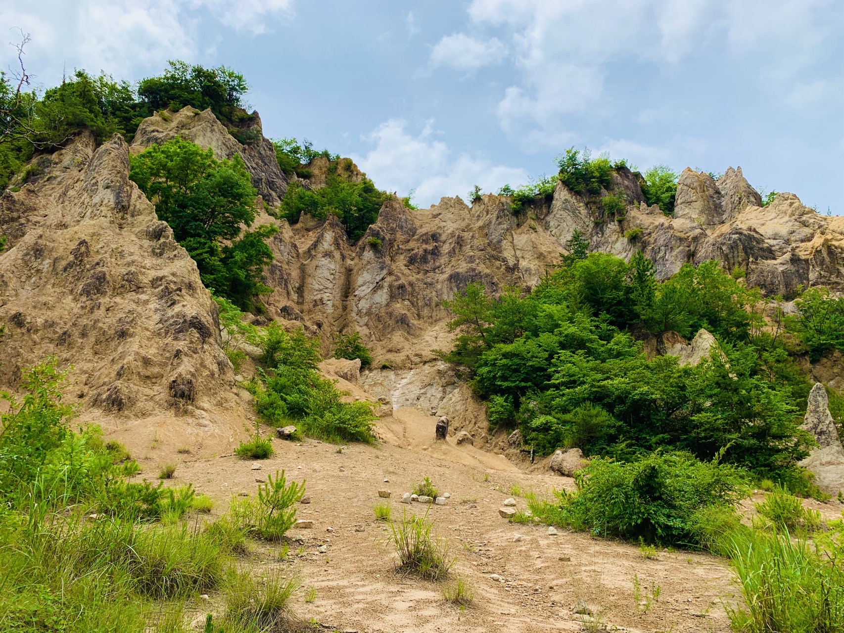 白茶けた岩の尖った峰がいくつも立ち並ぶ、荒々しい峡谷の景色