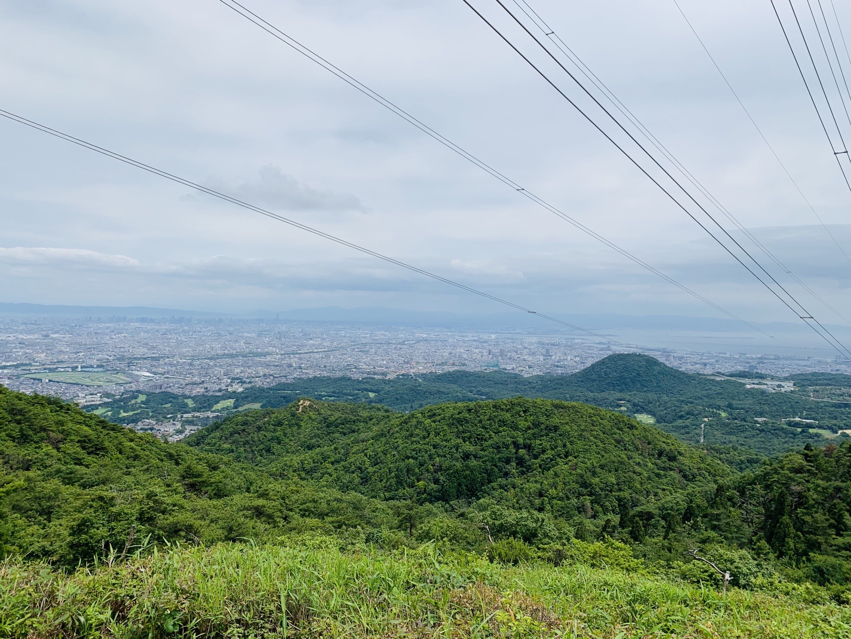 山の稜線越しに大阪平野が広がり、遠くにビル群がかすんで見える