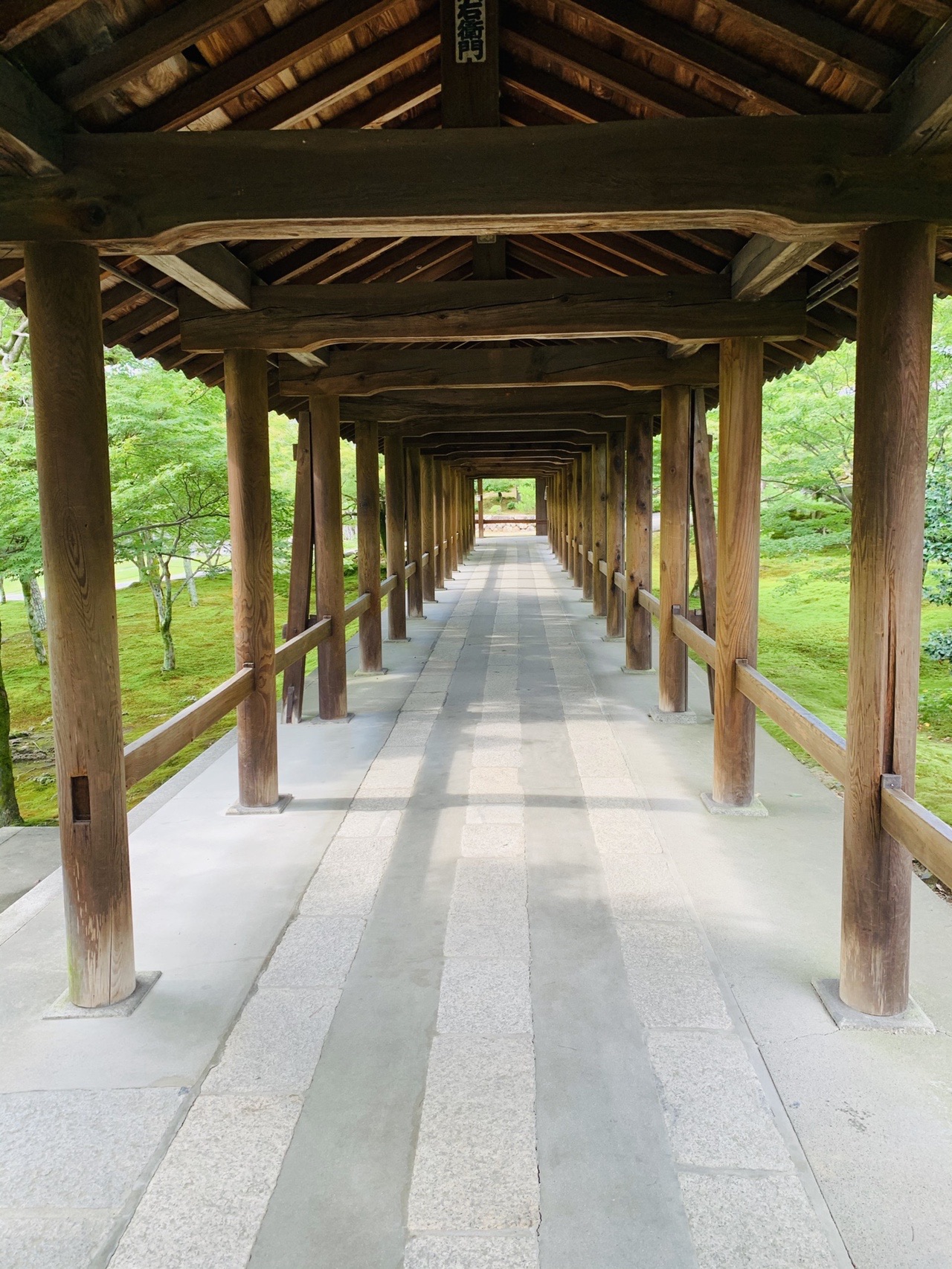 木の柱と屋根が続く長い橋廊。奥に緑の景色が見える。人はいない
