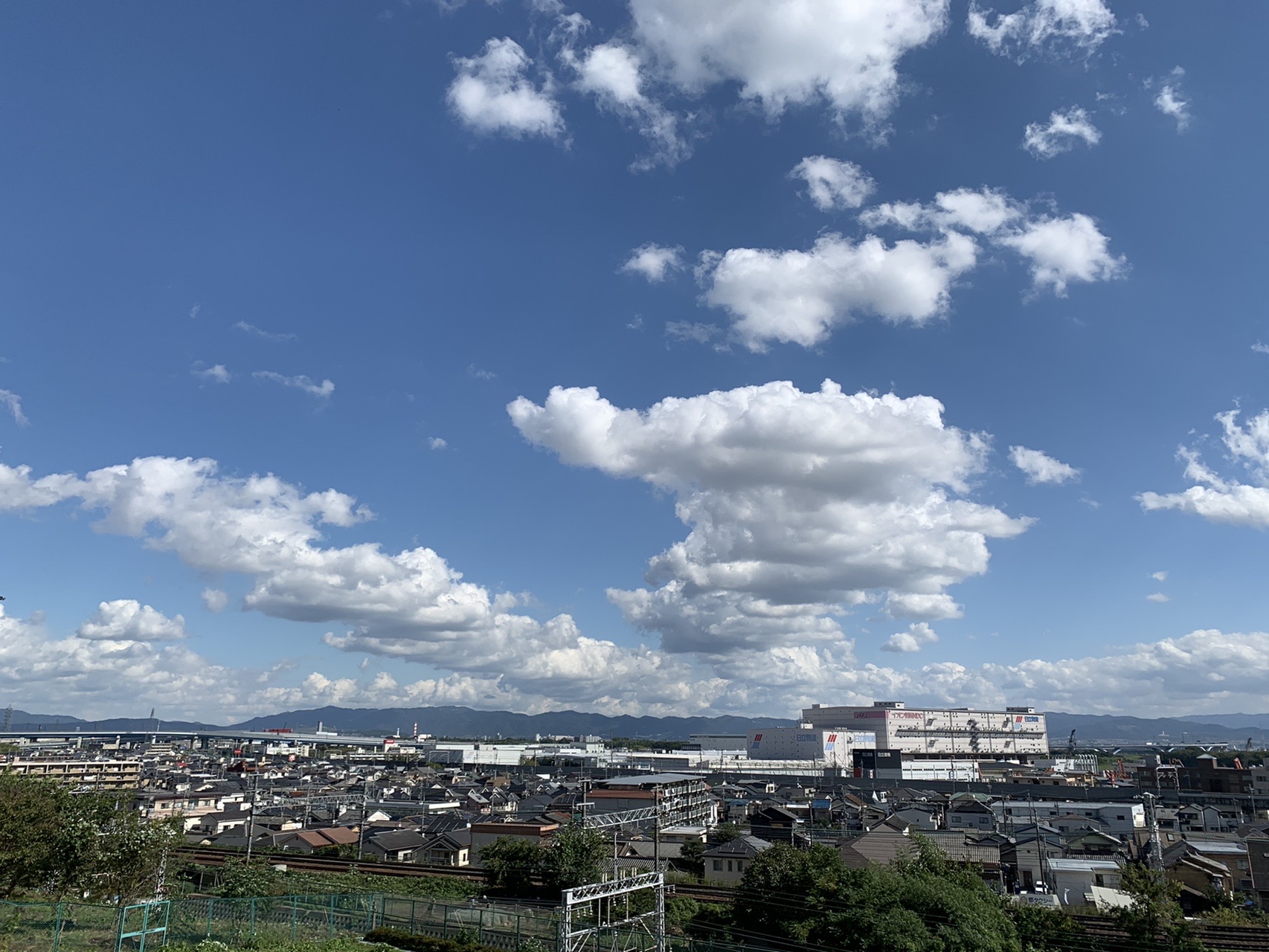 街並みの上に大きな積雲がいくつも浮かぶ青空