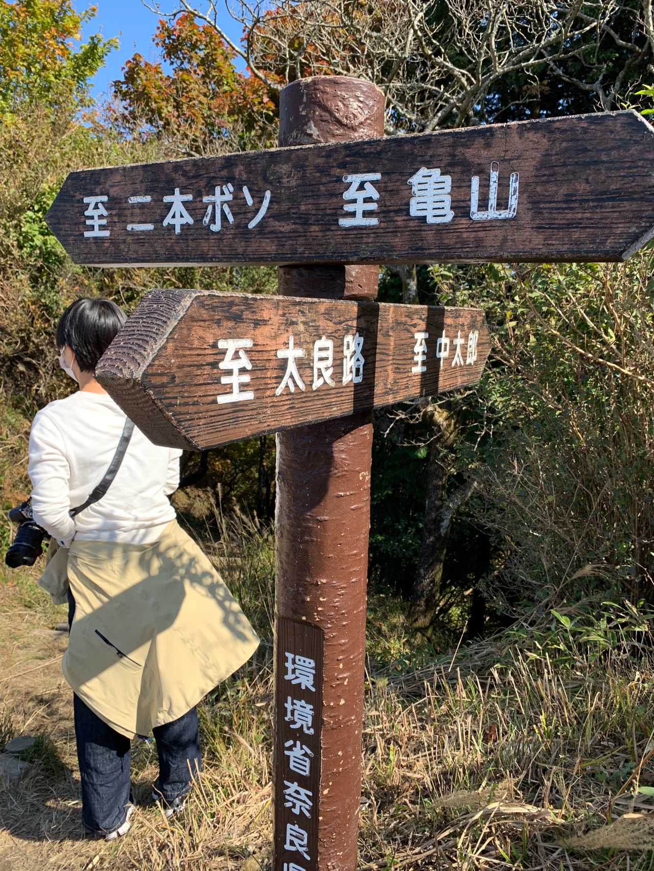 「至 二本ボソ 至 亀山」と書かれた木の道標