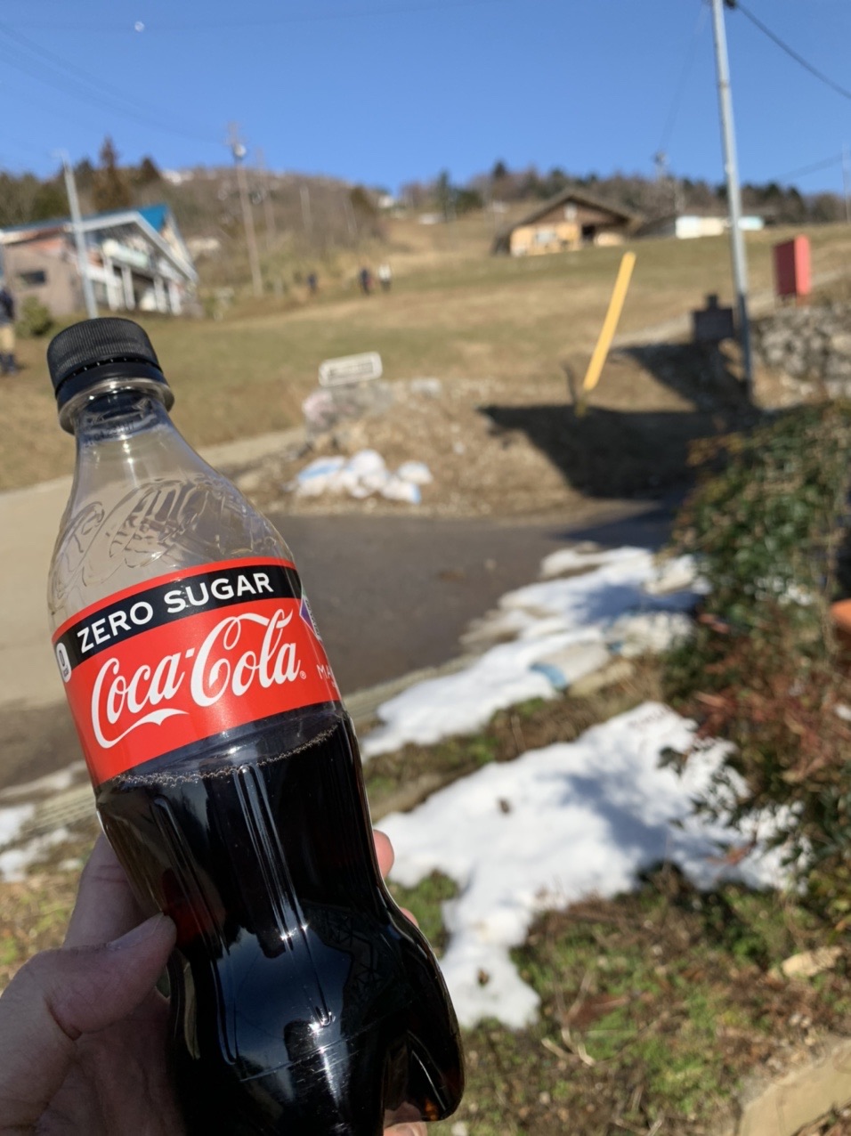 雪山を背にした手に持たれたコカ・コーラのペットボトル