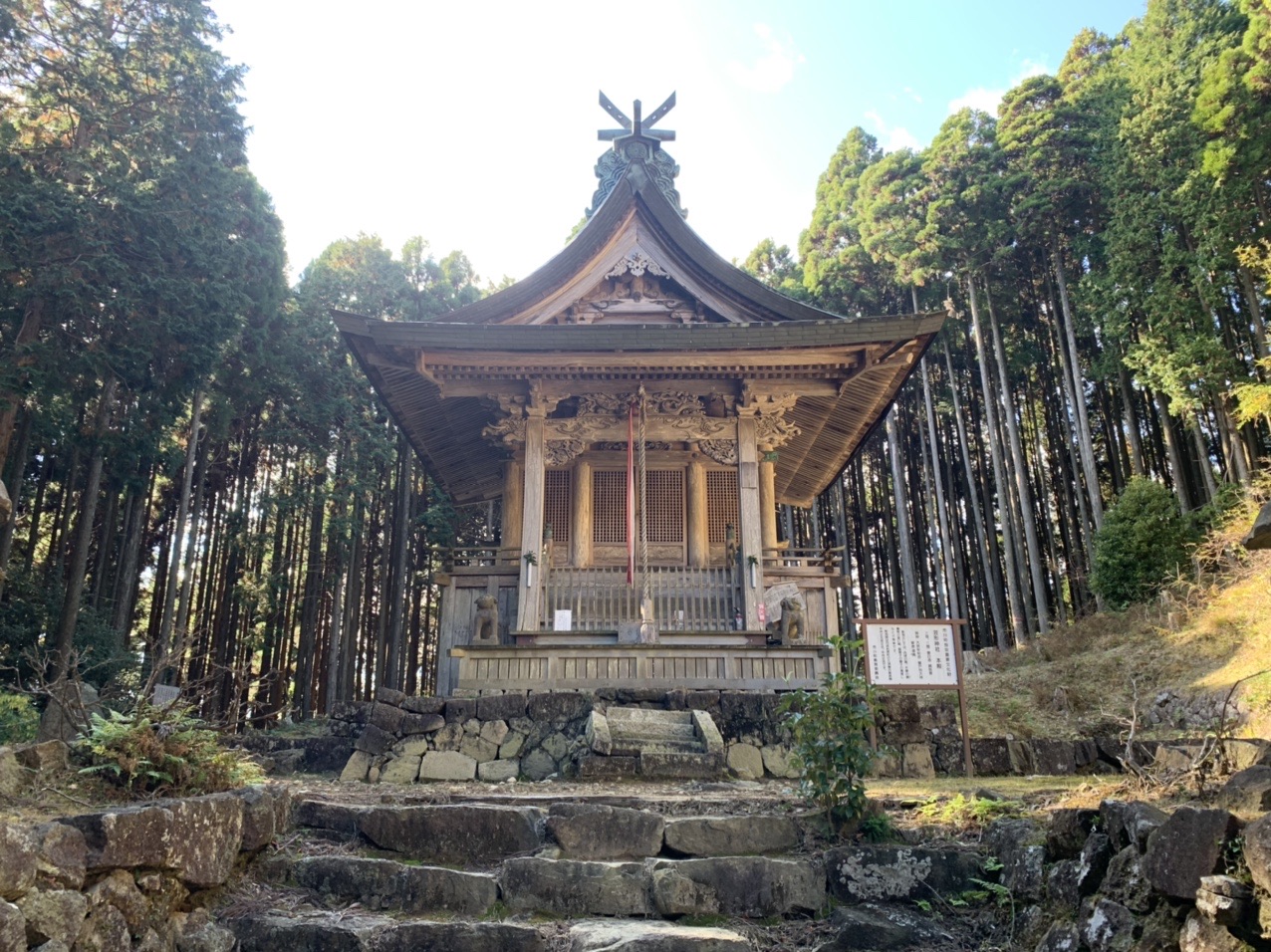 杉に囲まれた笠形神社の社殿
