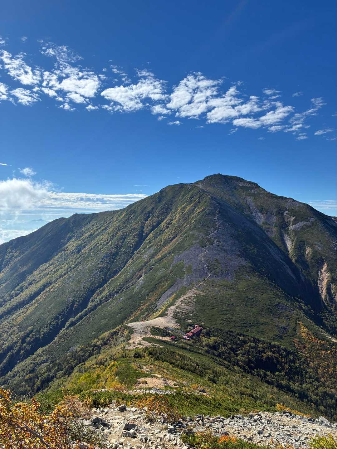 稜線の先に大きく盛り上がる常念岳。手前に下りの登山道が続く